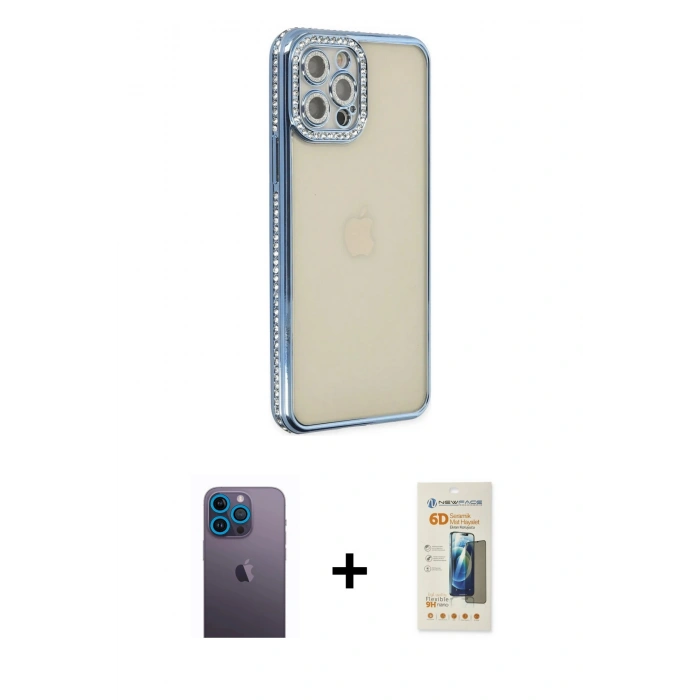 MARSİLYAN™- iPhone 12 Pro Kılıf Yörünge Koleksiyonu - Siyah 6D Mat Seramik Hayalet Nano Ekran Koruyucu + Neon Fosforlu Kamera Lens - MI