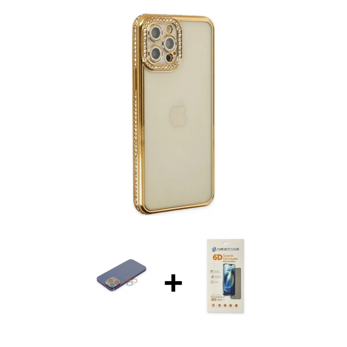 MARSİLYAN™- iPhone 12 Pro Kılıf Yörünge Koleksiyonu - Siyah 6D Mat Seramik Hayalet Nano Ekran Koruyucu + Renkli Kamera Lens Koruma Cam - PE