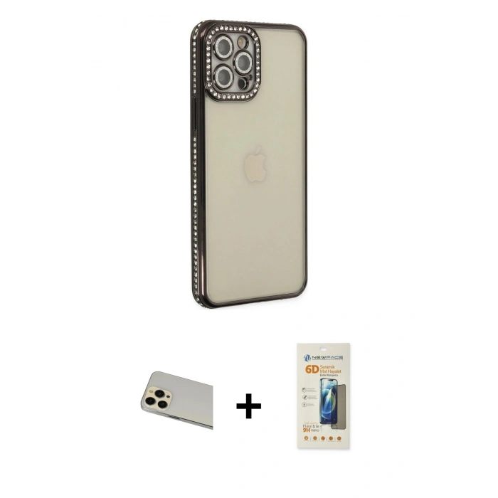 MARSİLYAN™- iPhone 12 Pro Kılıf Yörünge Koleksiyonu - Siyah 6D Mat Seramik Hayalet Nano Ekran Koruyucu + Rainbow Kamera Lens Koruma Cam - GD
