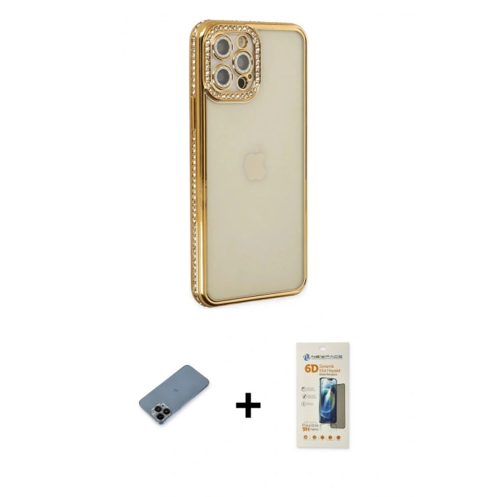 MARSİLYAN™- iPhone 12 Pro Kılıf Yörünge Koleksiyonu - Siyah 6D Mat Seramik Hayalet Nano Ekran Koruyucu + Shine Kamera Lens Koruma Cam - SH