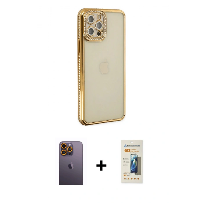 MARSİLYAN™- iPhone 12 Pro Kılıf Yörünge Koleksiyonu - Siyah 6D Mat Seramik Hayalet Nano Ekran Koruyucu + Neon Fosforlu Kamera Lens - SI