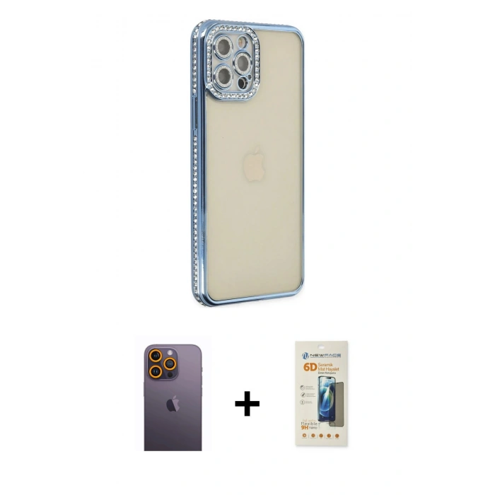 MARSİLYAN™- iPhone 12 Pro Kılıf Yörünge Koleksiyonu - Siyah 6D Mat Seramik Hayalet Nano Ekran Koruyucu + Neon Fosforlu Kamera Lens - SI