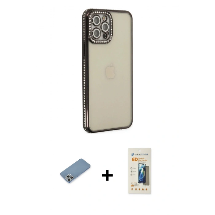 MARSİLYAN™- iPhone 12 Pro Kılıf Yörünge Koleksiyonu - Siyah 6D Mat Seramik Hayalet Nano Ekran Koruyucu + Shine Kamera Lens Koruma Cam - GS