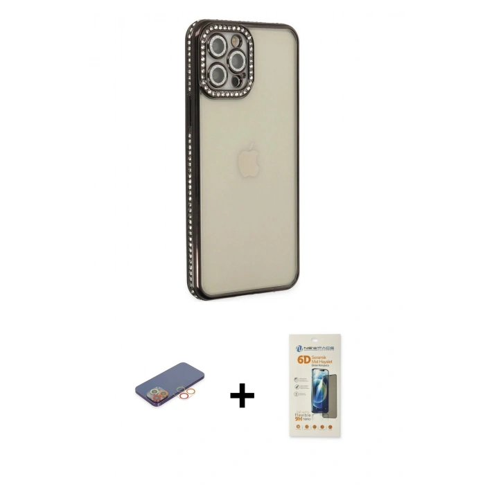 MARSİLYAN™- iPhone 12 Pro Kılıf Yörünge Koleksiyonu - Siyah 6D Mat Seramik Hayalet Nano Ekran Koruyucu + Renkli Kamera Lens Koruma Cam - TU