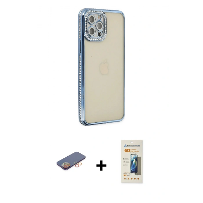 MARSİLYAN™- iPhone 12 Pro Kılıf Yörünge Koleksiyonu - Siyah 6D Mat Seramik Hayalet Nano Ekran Koruyucu + Renkli Kamera Lens Koruma Cam - TU