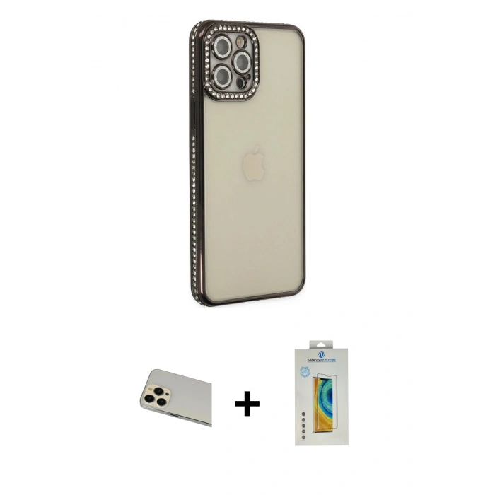 MARSİLYAN™- iPhone 12 Pro Kılıf Yörünge Koleksiyonu - Siyah Polymer Nano Ekran Koruyucu + Rainbow Kamera Lens Koruma Cam - GD
