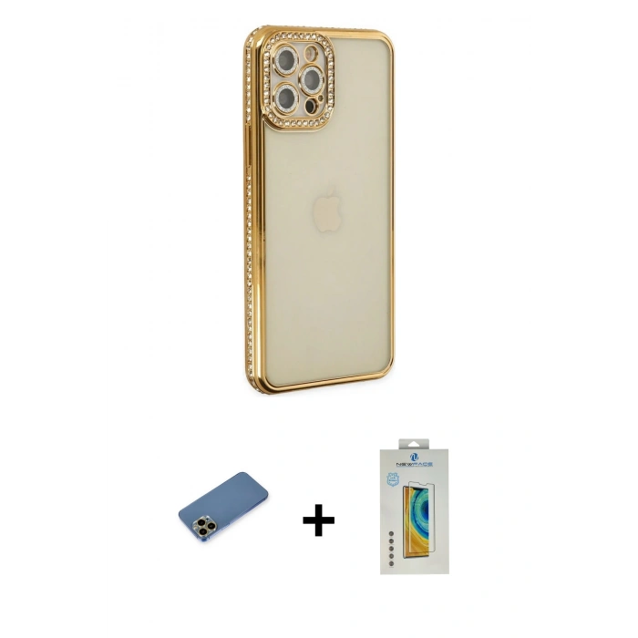 MARSİLYAN™- iPhone 12 Pro Kılıf Yörünge Koleksiyonu - Siyah Polymer Nano Ekran Koruyucu + Shine Kamera Lens Koruma Cam - GD