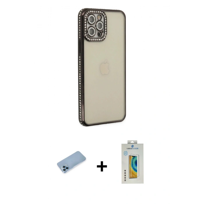 MARSİLYAN™- iPhone 12 Pro Kılıf Yörünge Koleksiyonu - Siyah Polymer Nano Ekran Koruyucu + Shine Kamera Lens Koruma Cam - MI