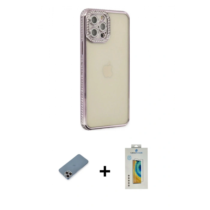 MARSİLYAN™- iPhone 12 Pro Kılıf Yörünge Koleksiyonu - Siyah Polymer Nano Ekran Koruyucu + Metal Kamera Lens Koruma Cam - MR