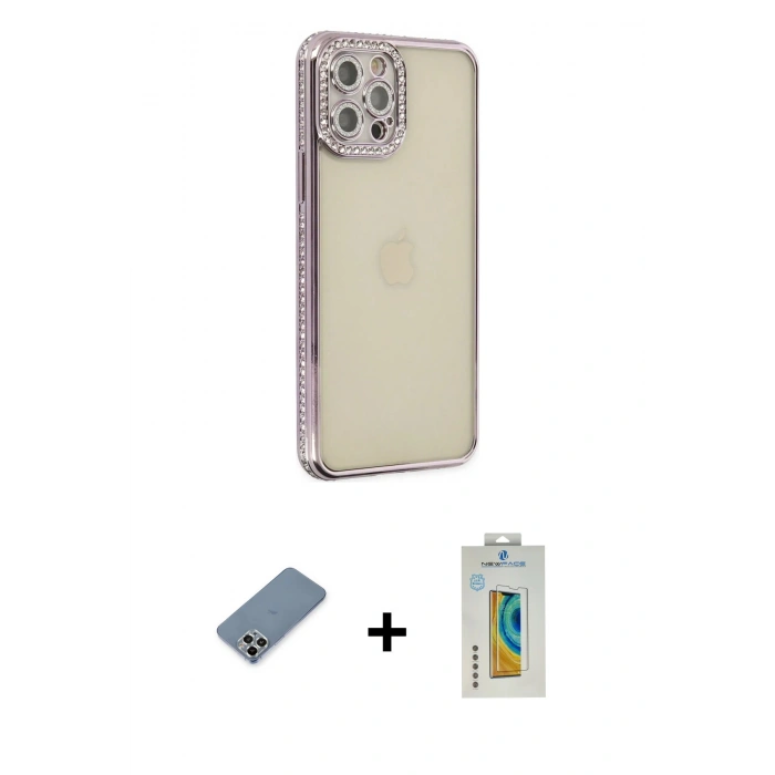 MARSİLYAN™- iPhone 12 Pro Kılıf Yörünge Koleksiyonu - Siyah Polymer Nano Ekran Koruyucu + Metal Kamera Lens Koruma Cam - GS