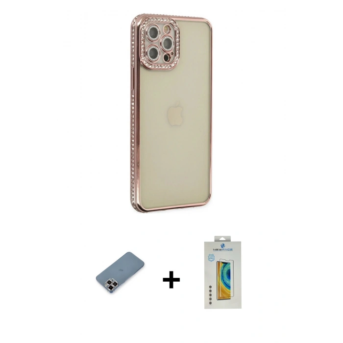 MARSİLYAN™- iPhone 12 Pro Kılıf Yörünge Koleksiyonu - Siyah Polymer Nano Ekran Koruyucu + Metal Kamera Lens Koruma Cam - MR