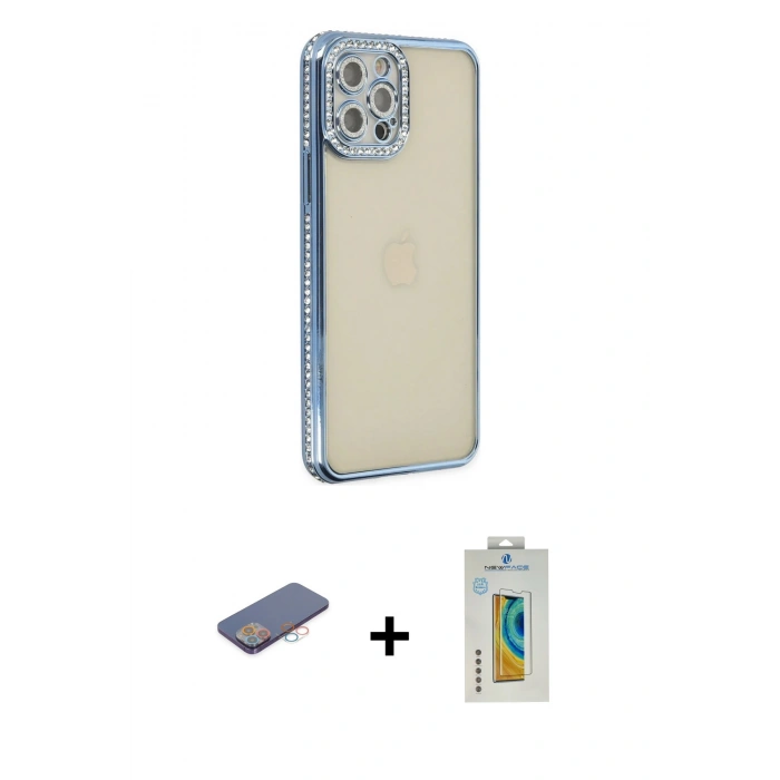 MARSİLYAN™- iPhone 12 Pro Kılıf Yörünge Koleksiyonu - Siyah Polymer Nano Ekran Koruyucu + Renkli Kamera Lens Koruma Cam - PE