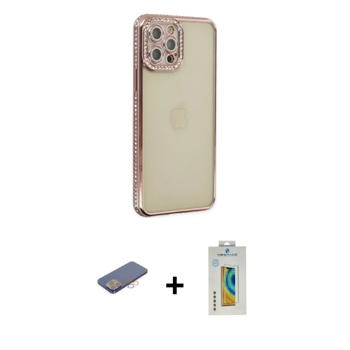 MARSİLYAN™- iPhone 12 Pro Kılıf Yörünge Koleksiyonu - Siyah Polymer Nano Ekran Koruyucu + Renkli Kamera Lens Koruma Cam - PE