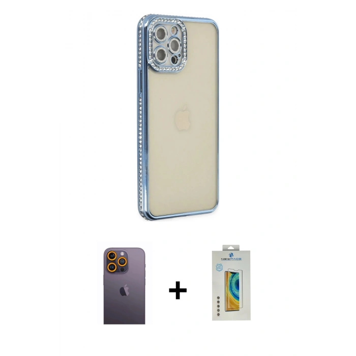 MARSİLYAN™- iPhone 12 Pro Kılıf Yörünge Koleksiyonu - Siyah Polymer Nano Ekran Koruyucu + Neon Fosforlu Kamera Lens - SI