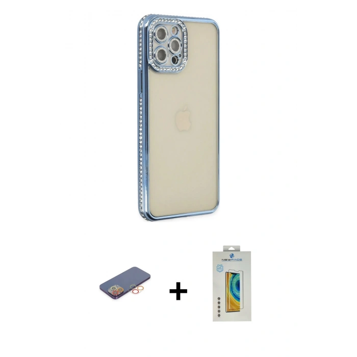 MARSİLYAN™- iPhone 12 Pro Kılıf Yörünge Koleksiyonu - Siyah Polymer Nano Ekran Koruyucu + Renkli Kamera Lens Koruma Cam - TU