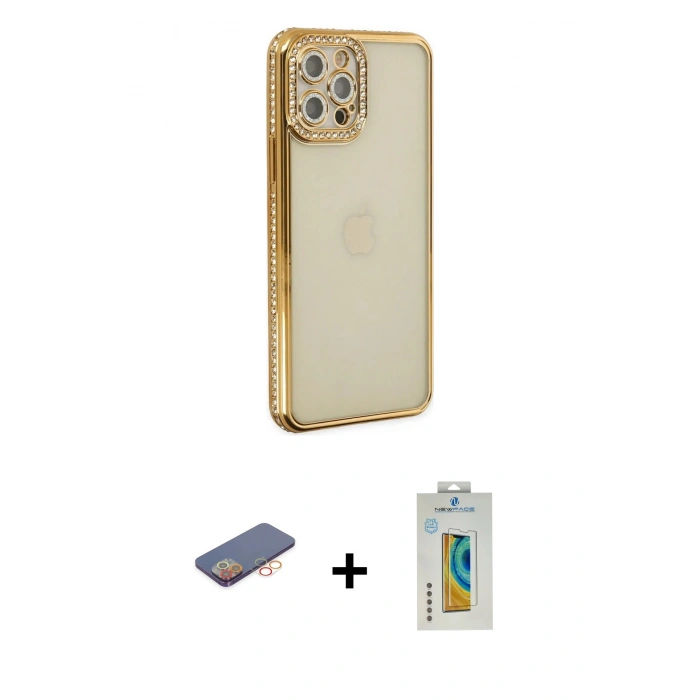 MARSİLYAN™- iPhone 12 Pro Kılıf Yörünge Koleksiyonu - Siyah Polymer Nano Ekran Koruyucu + Renkli Kamera Lens Koruma Cam - TU