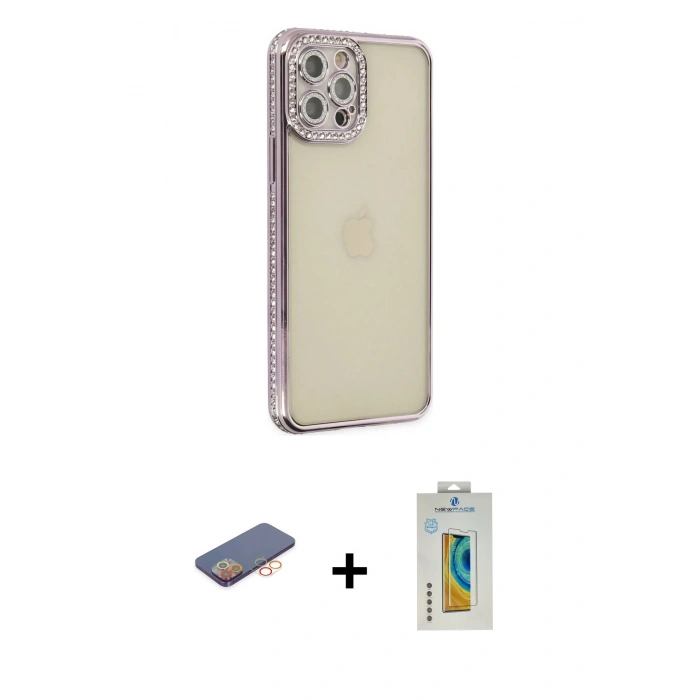 MARSİLYAN™- iPhone 12 Pro Kılıf Yörünge Koleksiyonu - Siyah Polymer Nano Ekran Koruyucu + Renkli Kamera Lens Koruma Cam - TU