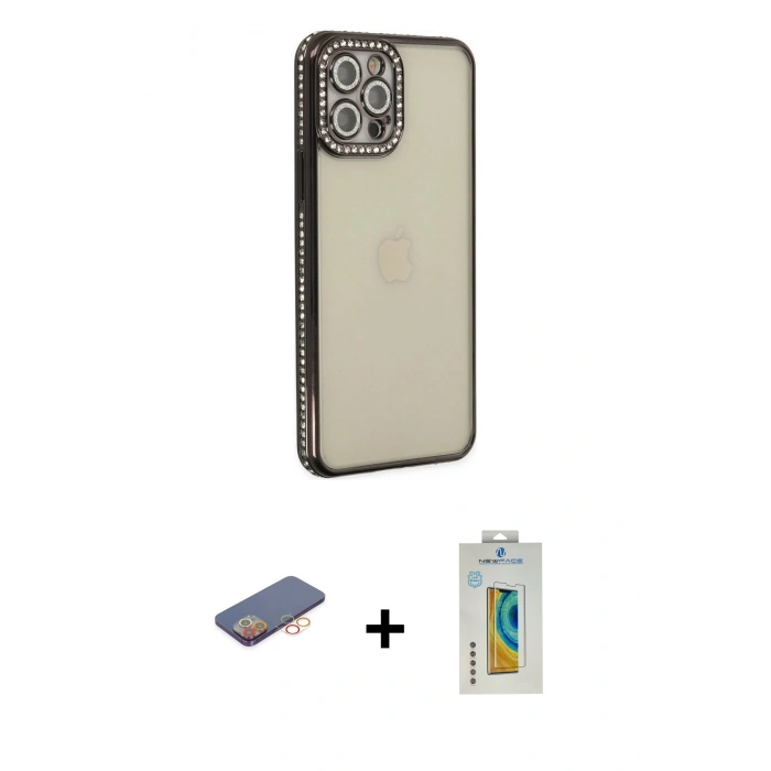MARSİLYAN™- iPhone 12 Pro Kılıf Yörünge Koleksiyonu - Siyah Polymer Nano Ekran Koruyucu + Renkli Kamera Lens Koruma Cam - TU