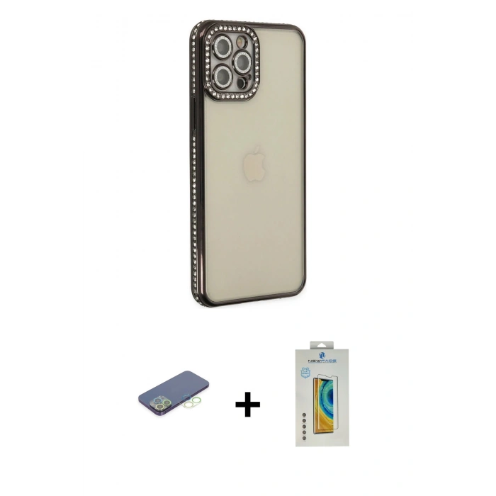 MARSİLYAN™- iPhone 12 Pro Kılıf Yörünge Koleksiyonu - Siyah Polymer Nano Ekran Koruyucu + Renkli Kamera Lens Koruma Cam - YL