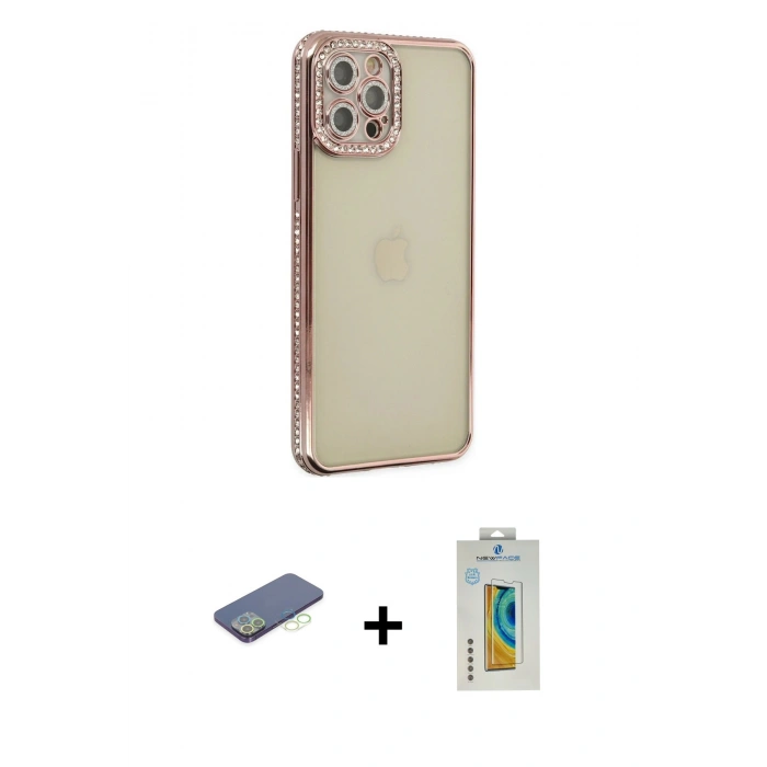 MARSİLYAN™- iPhone 12 Pro Kılıf Yörünge Koleksiyonu - Siyah Polymer Nano Ekran Koruyucu + Renkli Kamera Lens Koruma Cam - YL