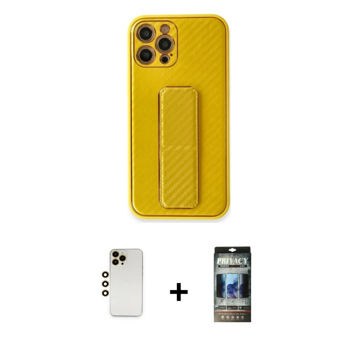 MARSİLYAN™- iPhone 12 Pro Kılıf Yörünge Yansıma - Siyah 34D Hayalet Izgaralı Cam + Shine Kamera Lens - GD
