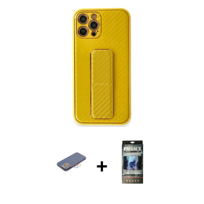 MARSİLYAN™- iPhone 12 Pro Kılıf Yörünge Yansıma - Siyah 34D Hayalet Izgaralı Cam + Renkli Kamera Lens Koruma Cam - PE