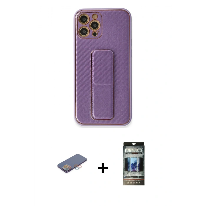 MARSİLYAN™- iPhone 12 Pro Kılıf Yörünge Yansıma - Siyah 34D Hayalet Izgaralı Cam + Renkli Kamera Lens Koruma Cam - PE