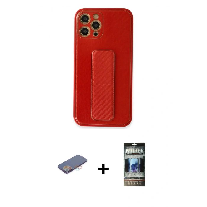 MARSİLYAN™- iPhone 12 Pro Kılıf Yörünge Yansıma - Siyah 34D Hayalet Izgaralı Cam + Renkli Kamera Lens Koruma Cam - PE