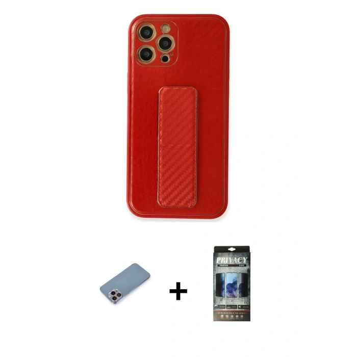 MARSİLYAN™- iPhone 12 Pro Kılıf Yörünge Yansıma - Siyah 34D Hayalet Izgaralı Cam + Shine Kamera Lens Koruma Cam - PE