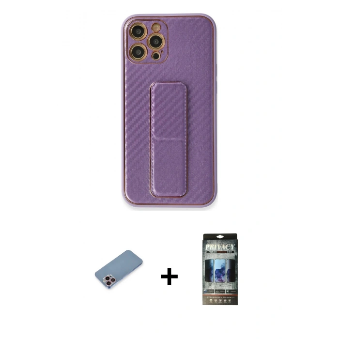 MARSİLYAN™- iPhone 12 Pro Kılıf Yörünge Yansıma - Siyah 34D Hayalet Izgaralı Cam + Shine Kamera Lens Koruma Cam - PE