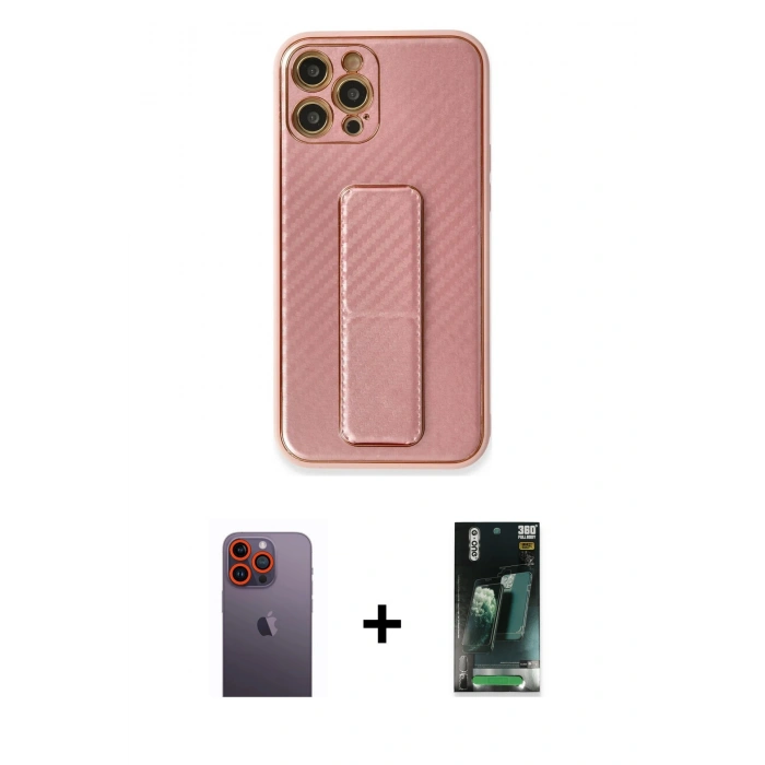 MARSİLYAN™- iPhone 12 Pro Kılıf Yörünge Yansıma - Siyah 360 Mat Full Body Arka Koruyucu + Neon Fosforlu Kamera Lens - TU