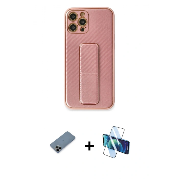 MARSİLYAN™- iPhone 12 Pro Kılıf Yörünge Yansıma - Siyah 3D Antistatik Cam Ekran Koruyucu + Shine Kamera Lens Koruma Cam - SH