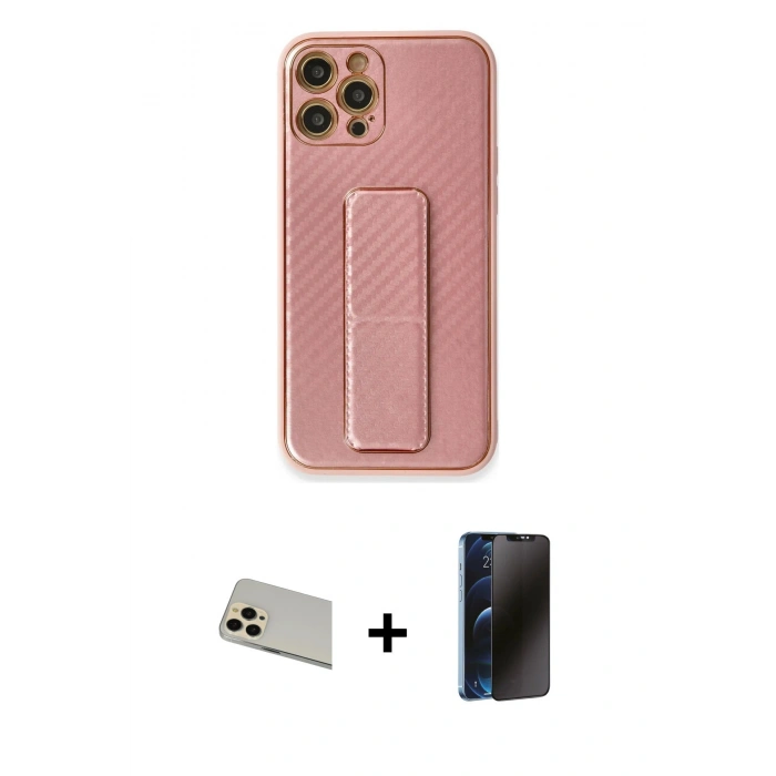 MARSİLYAN™- iPhone 12 Pro Kılıf Yörünge Yansıma - Siyah 3D Antistatik Hayalet Cam Ekran Koruyucu + Rainbow Kamera Lens Koruma Cam - GD