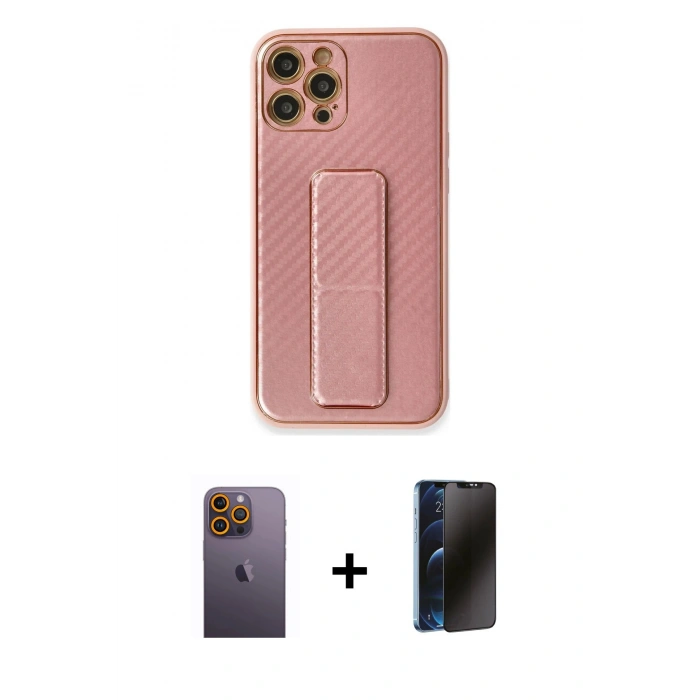 MARSİLYAN™- iPhone 12 Pro Kılıf Yörünge Yansıma - Siyah 3D Antistatik Hayalet Cam Ekran Koruyucu + Neon Fosforlu Kamera Lens - SI
