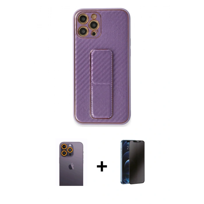 MARSİLYAN™- iPhone 12 Pro Kılıf Yörünge Yansıma - Siyah 3D Antistatik Hayalet Cam Ekran Koruyucu + Neon Fosforlu Kamera Lens - SI