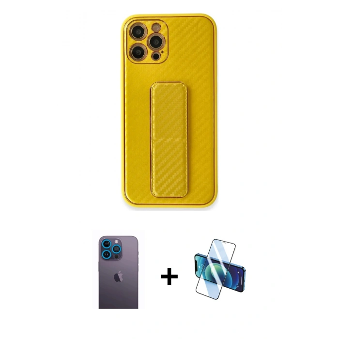 MARSİLYAN™- iPhone 12 Pro Kılıf Yörünge Yansıma - Siyah 3D Antistatik Seramik Nano Ekran Koruyucu + Neon Fosforlu Kamera Lens - MI