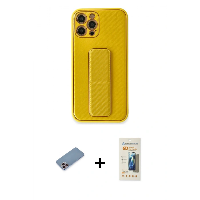 MARSİLYAN™- iPhone 12 Pro Kılıf Yörünge Yansıma - Siyah 6D Mat Seramik Hayalet Nano Ekran Koruyucu + Shine Kamera Lens Koruma Cam - PE