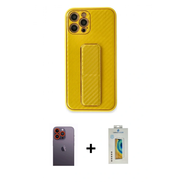 MARSİLYAN™- iPhone 12 Pro Kılıf Yörünge Yansıma - Siyah Polymer Nano Ekran Koruyucu + Neon Fosforlu Kamera Lens - TU