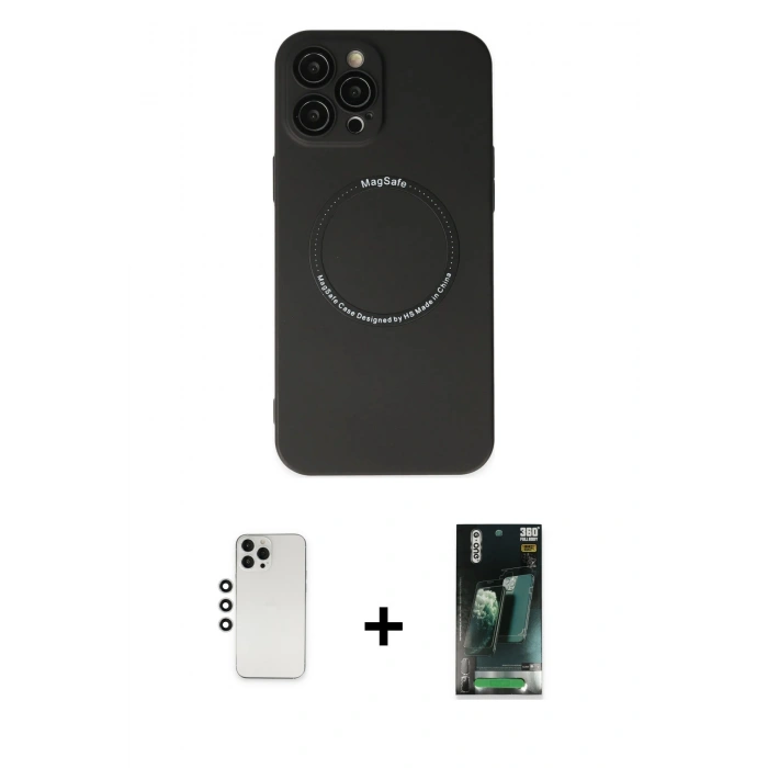 MARSİLYAN™- iPhone 12 Pro Kılıf Zirve Klasik Prime - Şeffaf 360 Full Body Arka Koruyucu + Shine Kamera Lens - GS