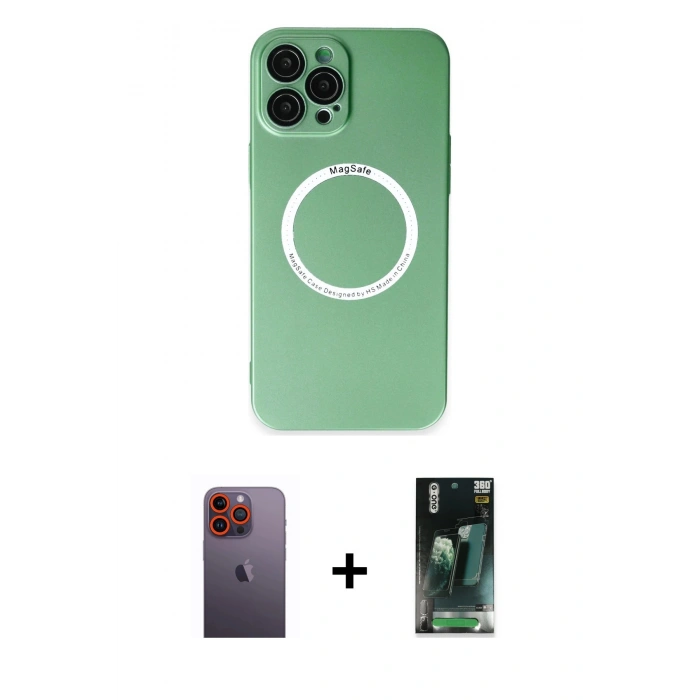 MARSİLYAN™- iPhone 12 Pro Kılıf Zirve Klasik Prime - Şeffaf 360 Full Body Arka Koruyucu + Neon Fosforlu Kamera Lens - TU