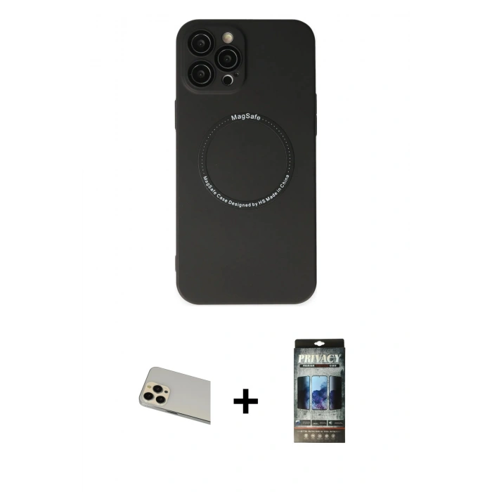 MARSİLYAN™- iPhone 12 Pro Kılıf Zirve Klasik Prime - Siyah 34D Hayalet Izgaralı Cam + Rainbow Kamera Lens Koruma Cam - GD