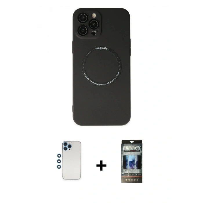 MARSİLYAN™- iPhone 12 Pro Kılıf Zirve Klasik Prime - Siyah 34D Hayalet Izgaralı Cam + Shine Kamera Lens - MI