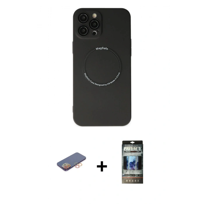 MARSİLYAN™- iPhone 12 Pro Kılıf Zirve Klasik Prime - Siyah 34D Hayalet Izgaralı Cam + Renkli Kamera Lens Koruma Cam - TU