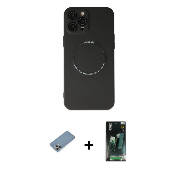 MARSİLYAN™- iPhone 12 Pro Kılıf Zirve Klasik Prime - Siyah 360 Mat Full Body Arka Koruyucu + Shine Kamera Lens Koruma Cam - GI
