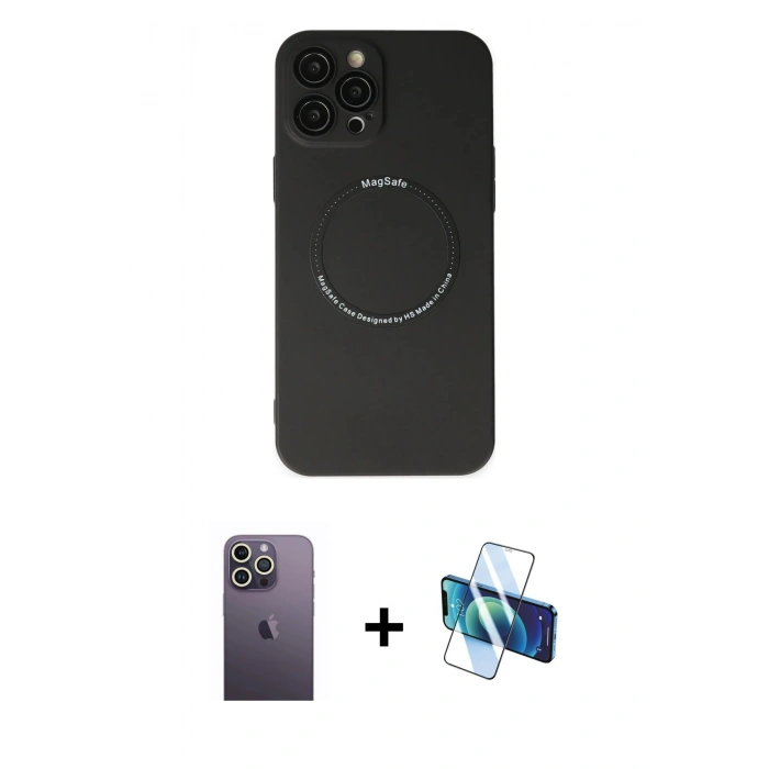 MARSİLYAN™- iPhone 12 Pro Kılıf Zirve Klasik Prime - Siyah 3D Antistatik Seramik Nano Ekran Koruyucu + Neon Fosforlu Kamera Lens - BZ