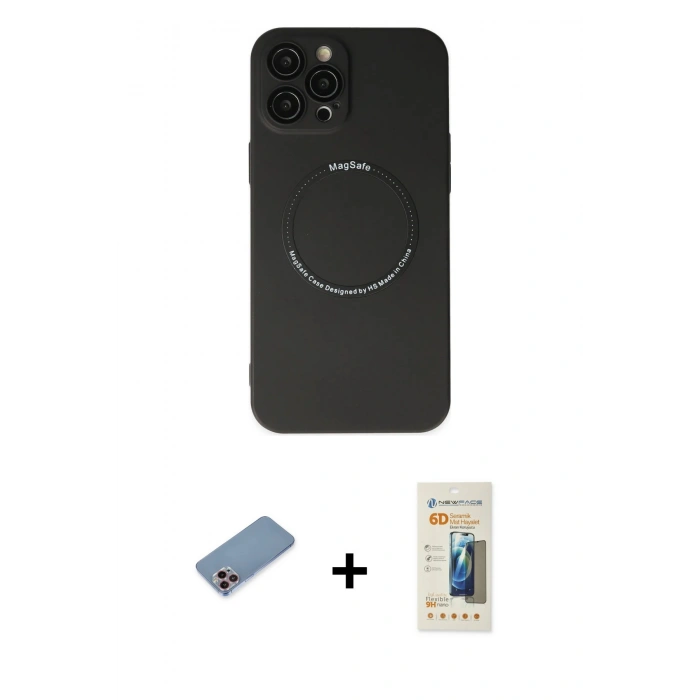 MARSİLYAN™- iPhone 12 Pro Kılıf Zirve Klasik Prime - Siyah 6D Mat Seramik Hayalet Nano Ekran Koruyucu + Shine Kamera Lens Koruma Cam - PE