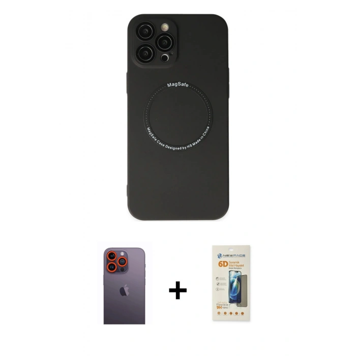 MARSİLYAN™- iPhone 12 Pro Kılıf Zirve Klasik Prime - Siyah 6D Mat Seramik Hayalet Nano Ekran Koruyucu + Neon Fosforlu Kamera Lens - TU