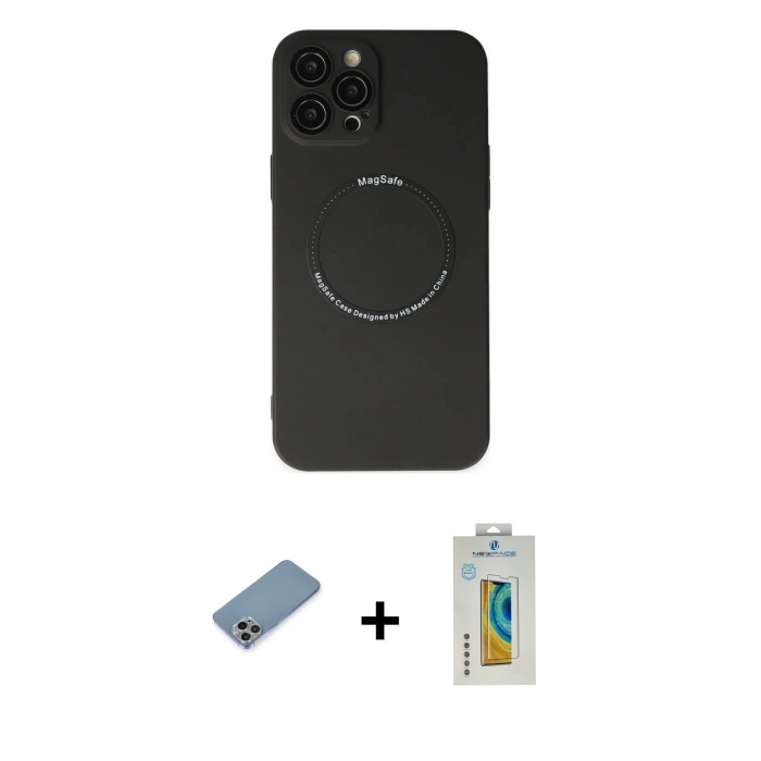 MARSİLYAN™- iPhone 12 Pro Kılıf Zirve Klasik Prime - Siyah Polymer Nano Ekran Koruyucu + Shine Kamera Lens Koruma Cam - GI