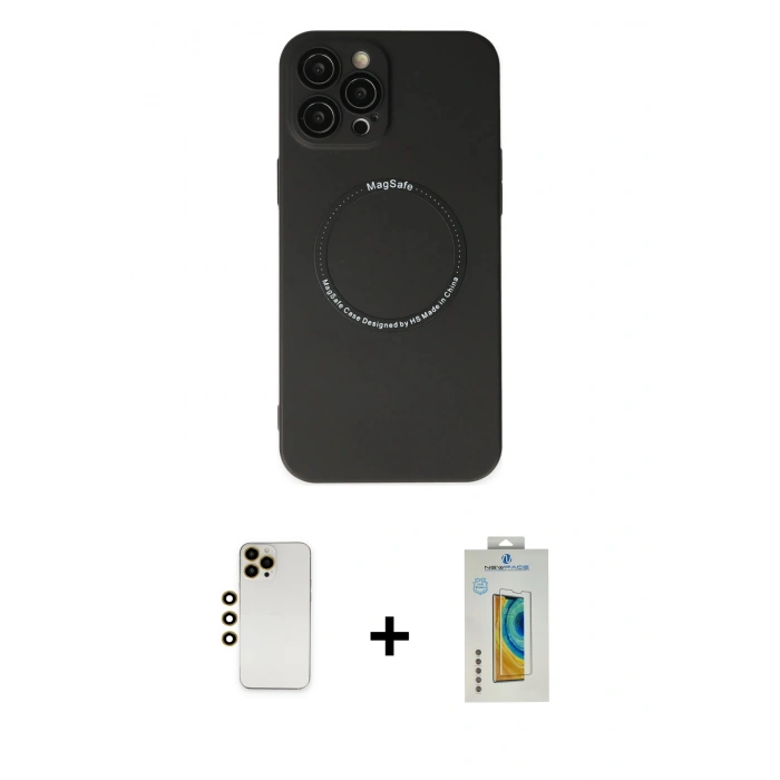 MARSİLYAN™- iPhone 12 Pro Kılıf Zirve Klasik Prime - Siyah Polymer Nano Ekran Koruyucu + Shine Kamera Lens - GD