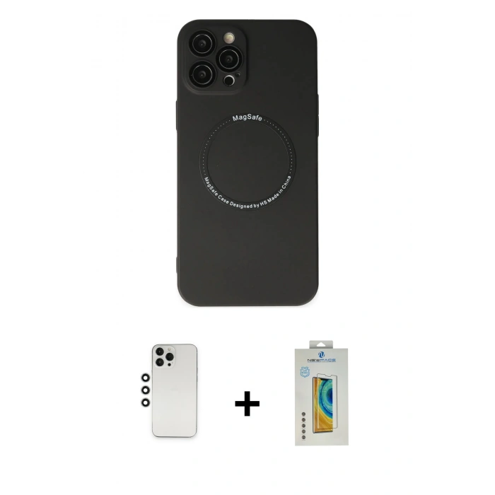 MARSİLYAN™- iPhone 12 Pro Kılıf Zirve Klasik Prime - Siyah Polymer Nano Ekran Koruyucu + Shine Kamera Lens - GS